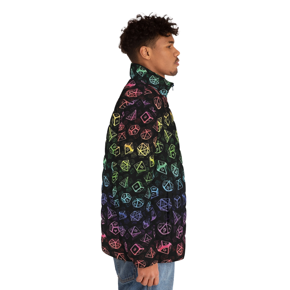 Rainbow-colored d20 dice pattern puffer jacket for tabletop RPG fans - men side right