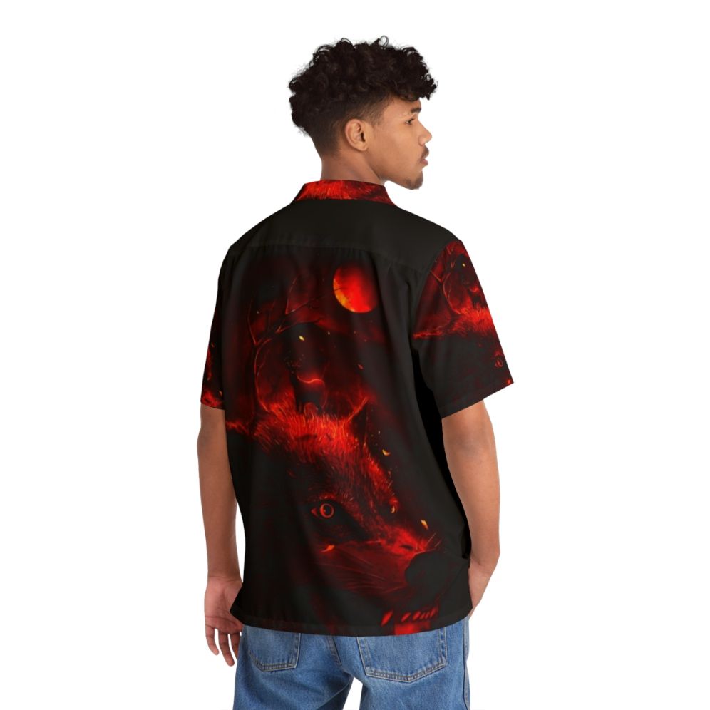 Red Hawaiian shirt with animal prints, nature, and night sky motifs - People Back