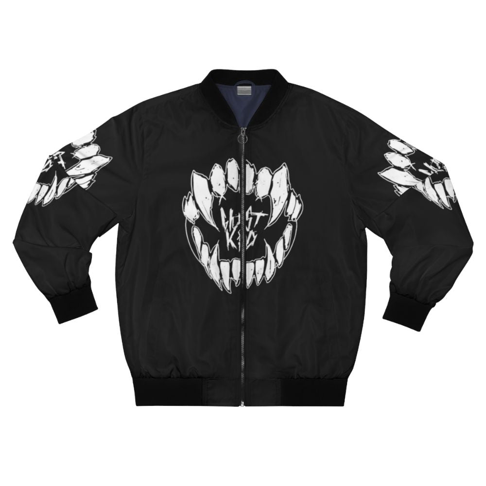 Ghost kid logo printed on a navy blue bomber jacket