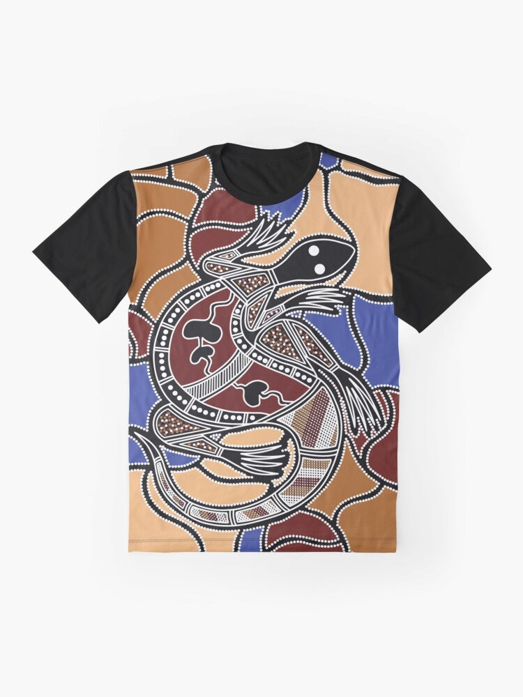 Authentic Aboriginal art t-shirt with a goanna (lizard) dreaming graphic design - Flat lay