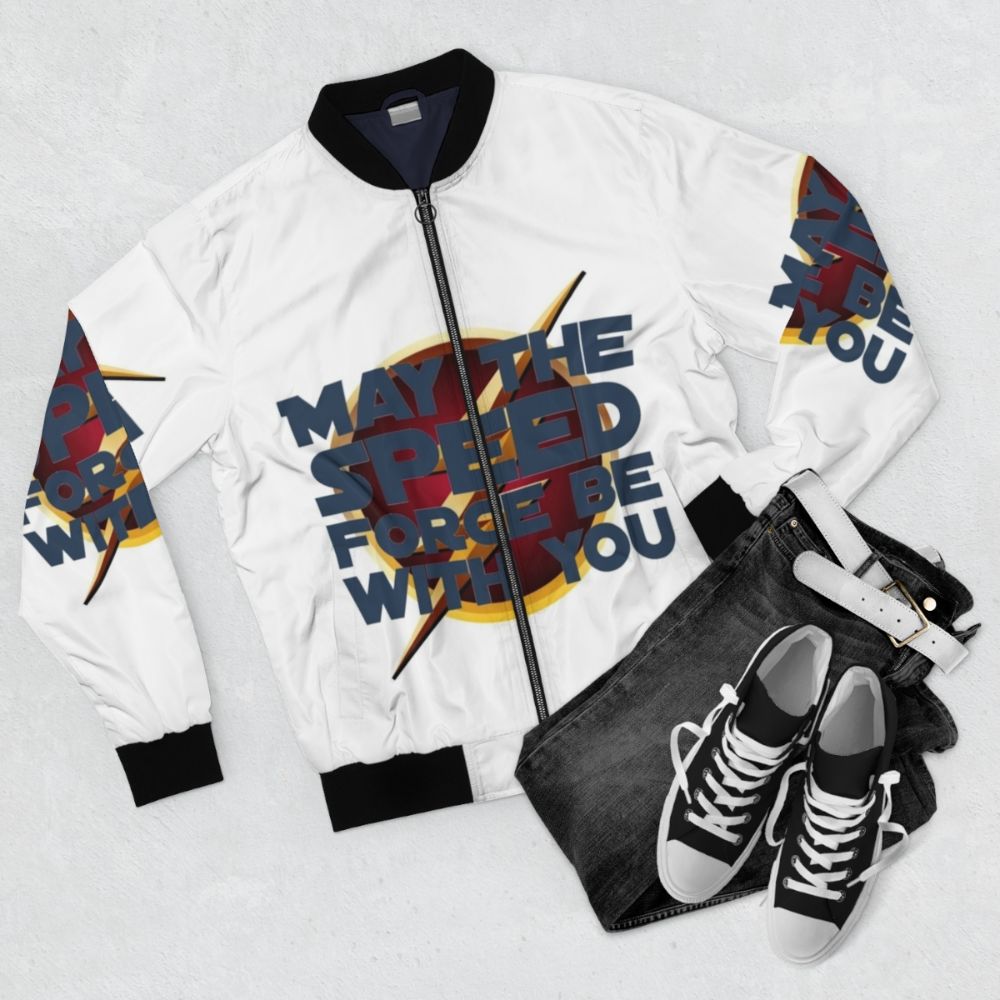 Arrowverse superhero bomber jacket with "May the Speed Force Be With You" design, featuring elements from The Flash and other CW shows. - Flat lay