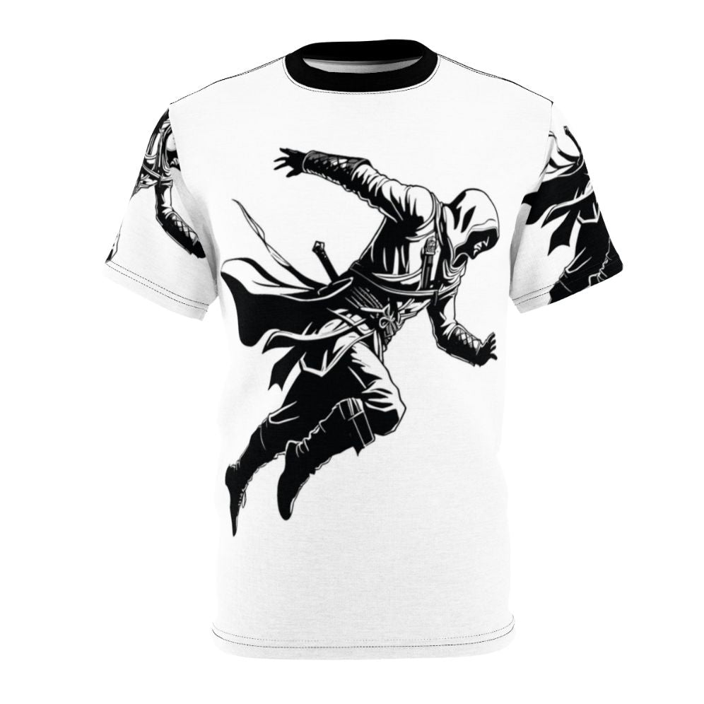 Assassins Creed inspired silhouette design on a high-quality t-shirt for gaming enthusiasts.