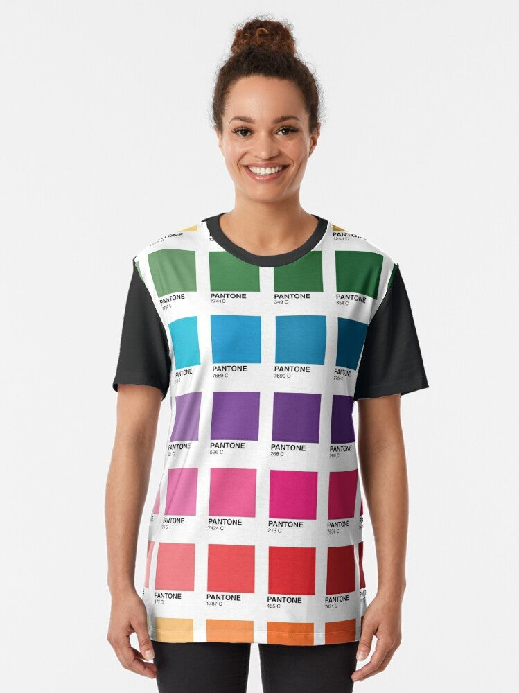 Graphic t-shirt featuring a vibrant array of Pantone color shades and swatches. - Women