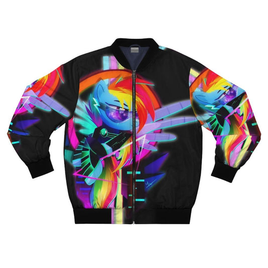 Vibrant synthwave-inspired bomber jacket featuring the character Rainbow Dash from My Little Pony: Friendship is Magic.