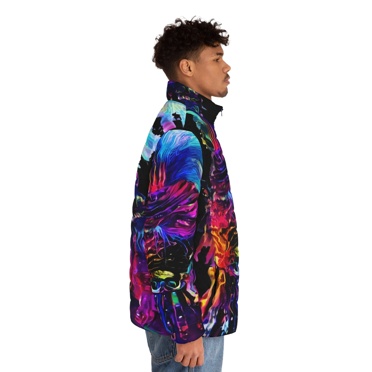 Nameless Synthwave King Puffer Jacket featuring a retro-futuristic, cyberpunk design. - men side right