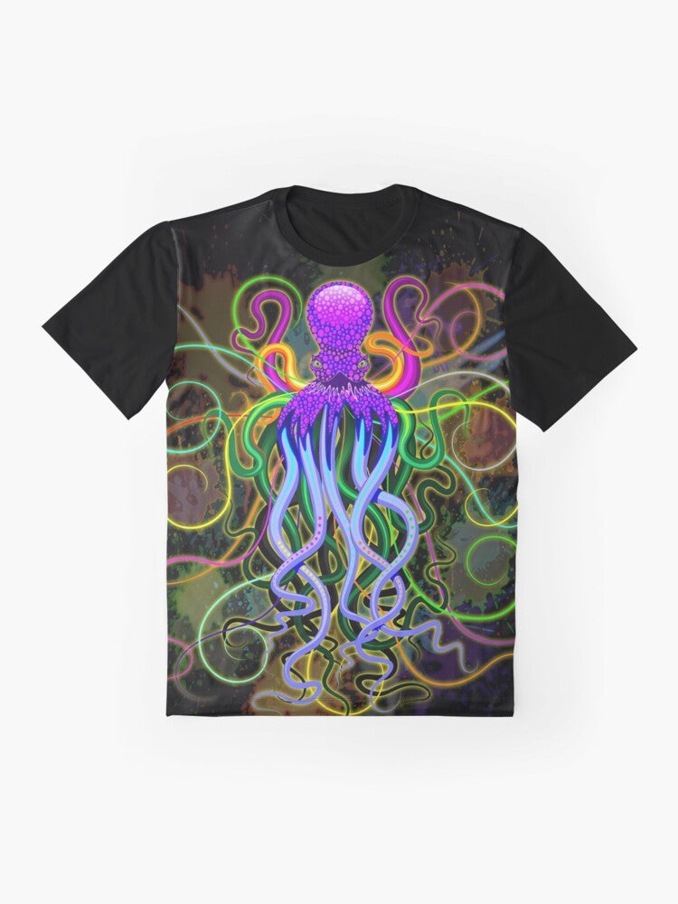 Colorful and psychedelic design featuring an octopus with luminescent tentacles against a surreal background. - Flat lay