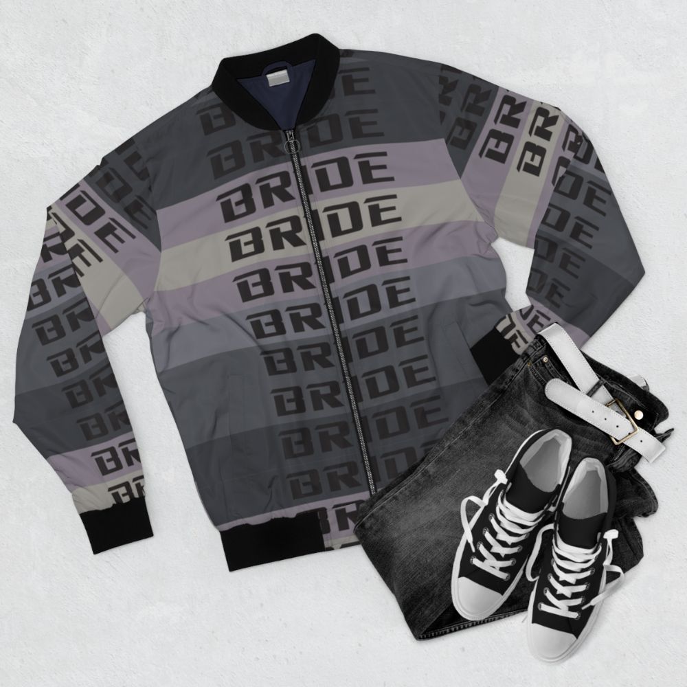 BRIDE JDM Material Bomber Jacket for Car Enthusiasts - Flat lay