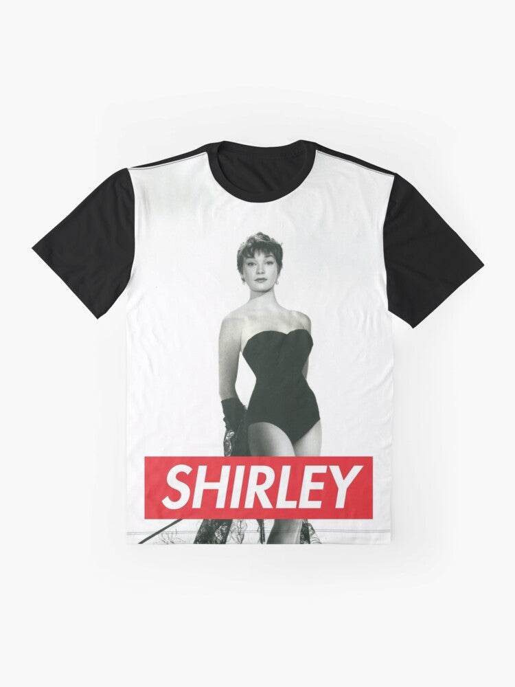 Shirley Maclaine graphic t-shirt featuring the legendary actress in her iconic look with a famous quote about change. - Flat lay