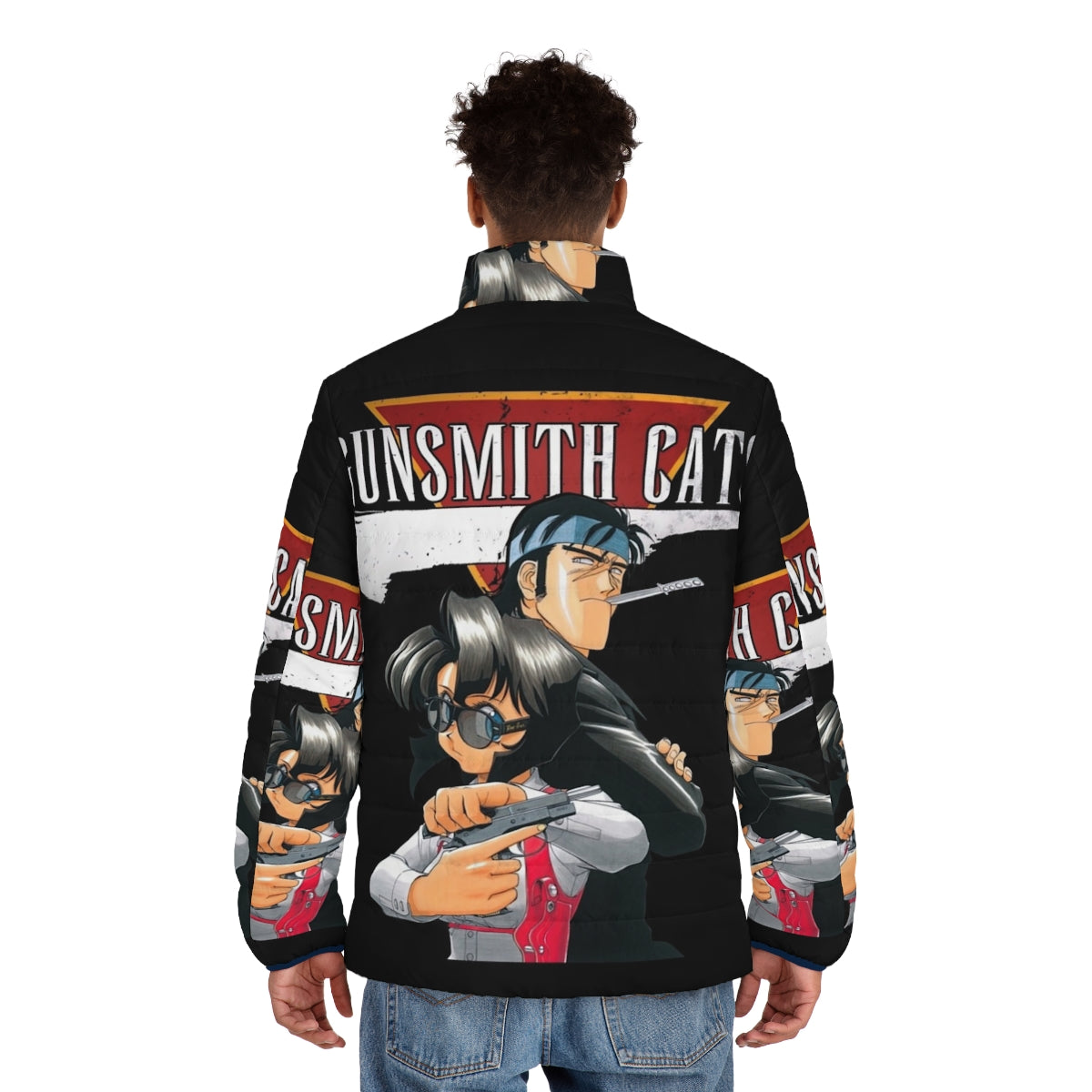 Vintage Gunsmith Cats anime puffer jacket with 90s Japanese manga inspired design - men back