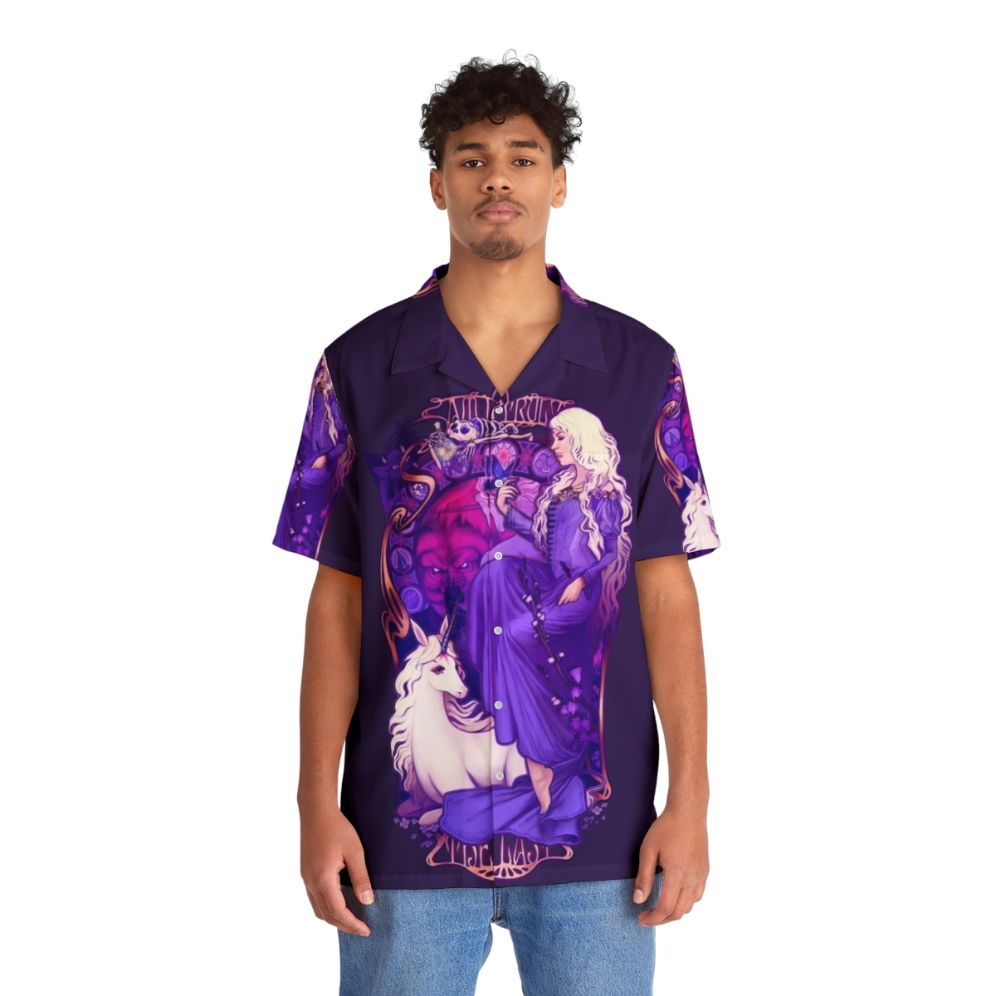 A vibrant Hawaiian shirt featuring the iconic imagery of the Last Unicorn - People Front