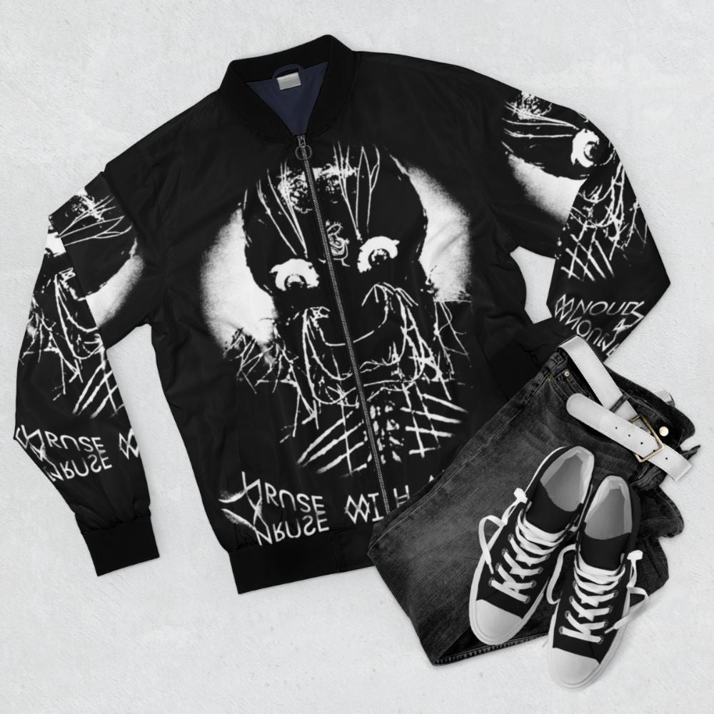 Avant Garde Industrial Dark Ambient Bomber Jacket for Metalheads - Flat lay