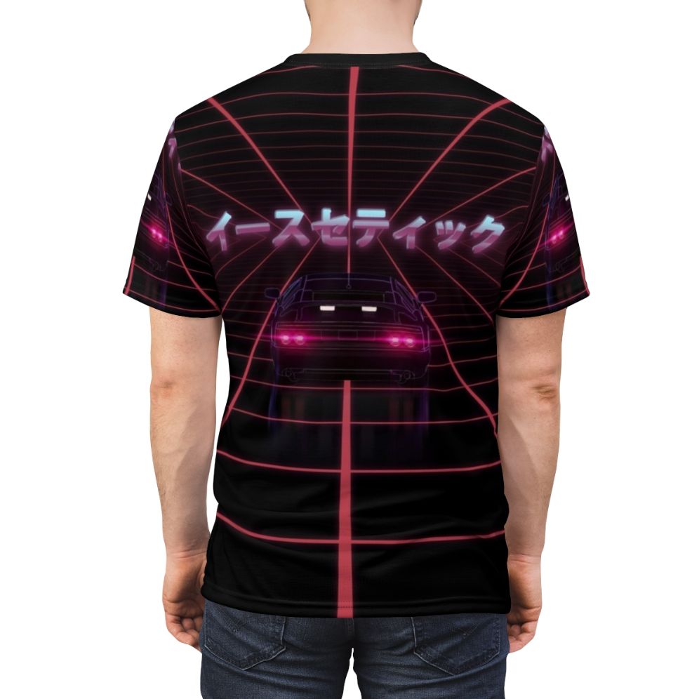 Colorful 80s retro-inspired vaporwave and synthwave design t-shirt with futuristic and sci-fi elements - men back