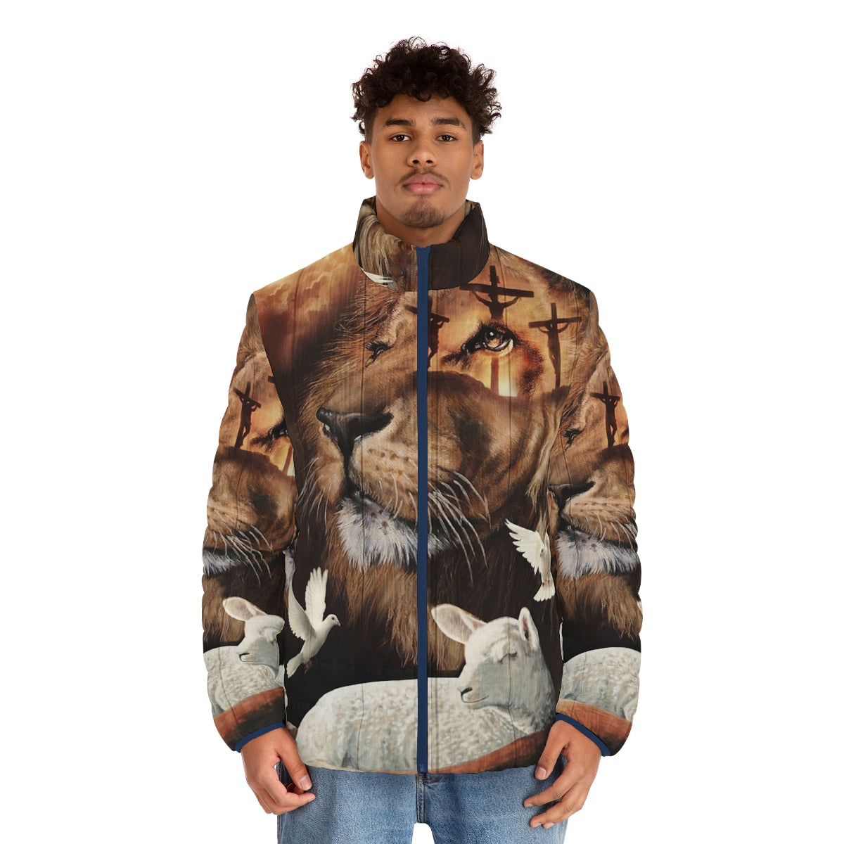 A puffer jacket featuring the Lion of Judah and the Lamb of God design - men front