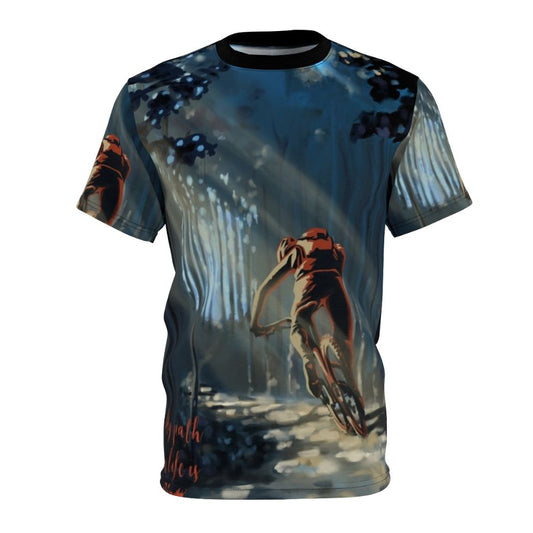 A stylized t-shirt design featuring a mountain biker riding through a forested landscape