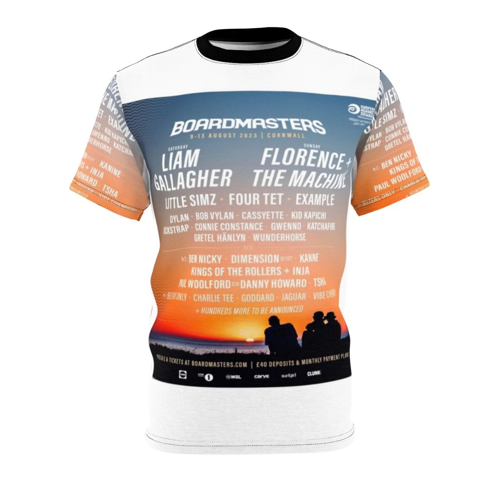 Boardmasters-inspired t-shirt with surfing, skateboarding, and music festival graphics