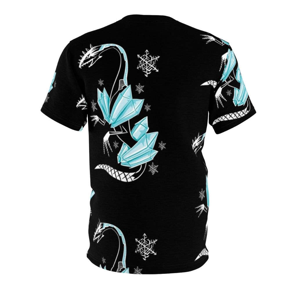 Illustration of a majestic winter dragon with ice crystal horns and tail, on a black t-shirt background. - Back