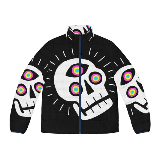 Vibrant puffer jacket featuring an enlightened skull design