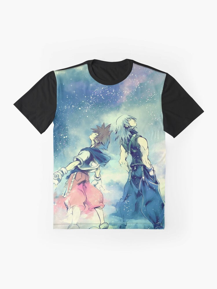 A colorful graphic t-shirt design featuring characters from the Kingdom Hearts video game series, with the text "One Sky One Destiny" and various symbols and icons. - Flat lay