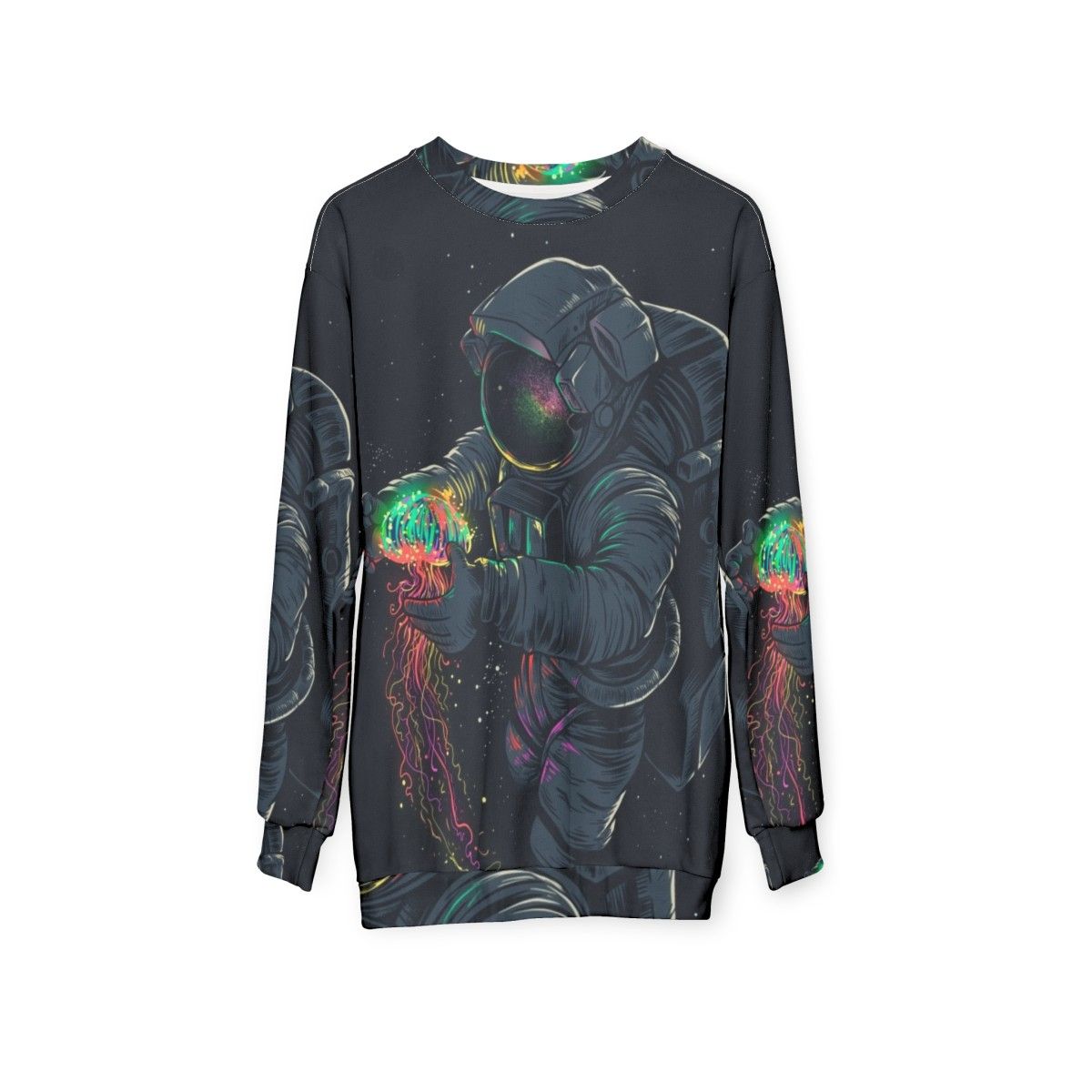 Cosmic Jellyspace Sweatshirt with Galaxy and Intergalactic Design - hanging