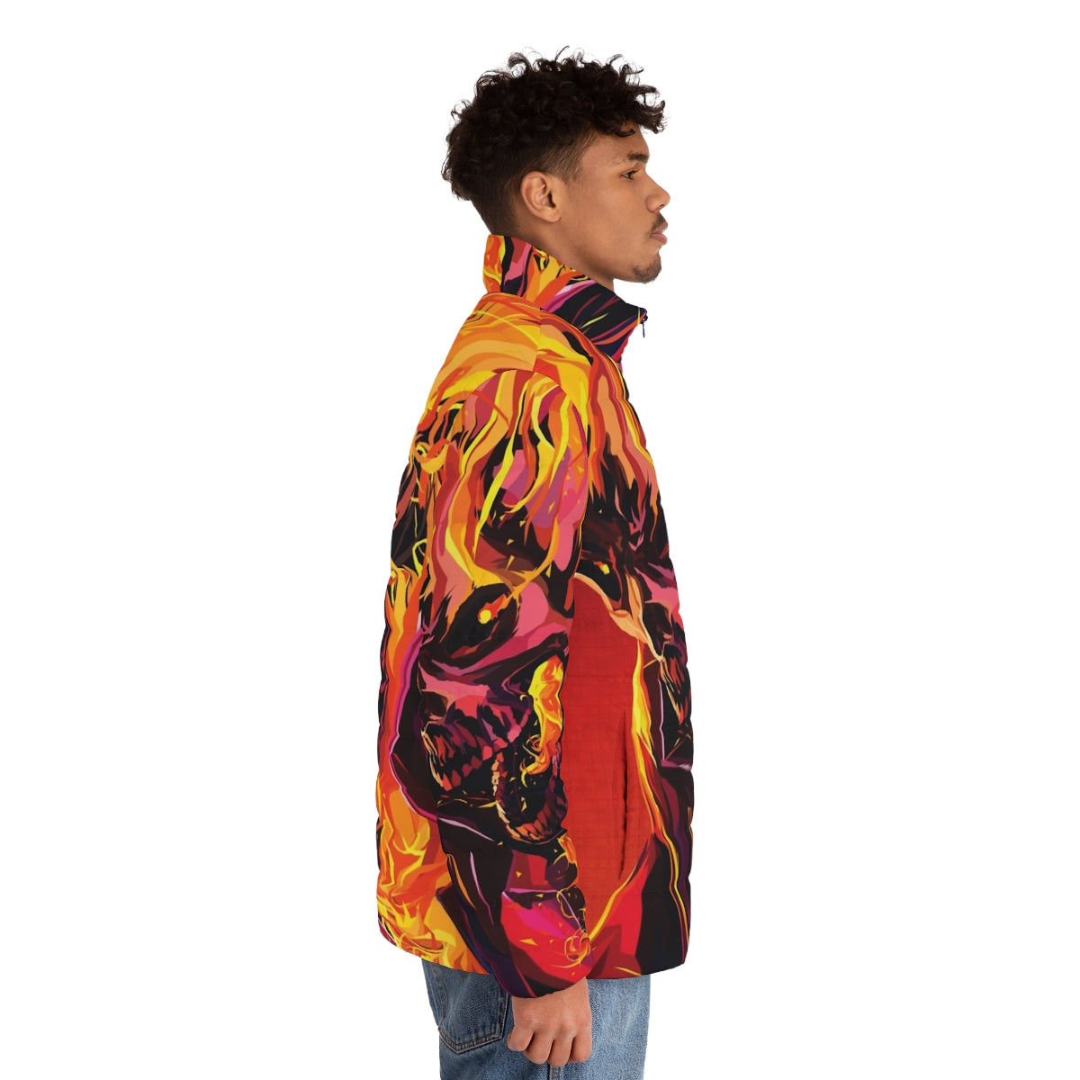 A puffer jacket featuring the iconic Ghost Rider character with a flaming skull design - men side right