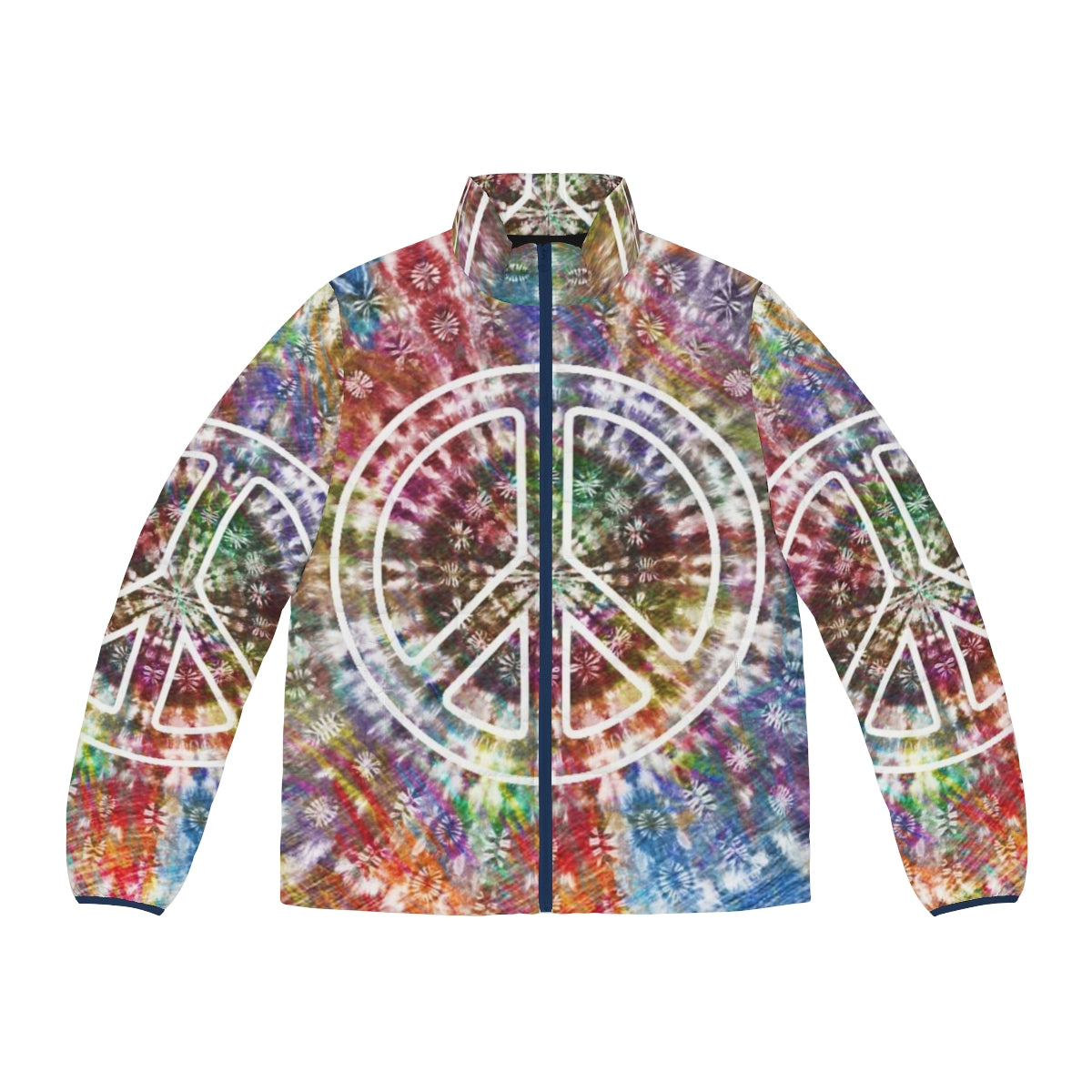 Vibrant retro tie-dye puffer jacket with peace sign and psychedelic design