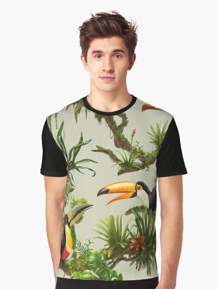 Colorful graphic of a toucan bird perched on a bromeliad plant against a tropical jungle background - Men