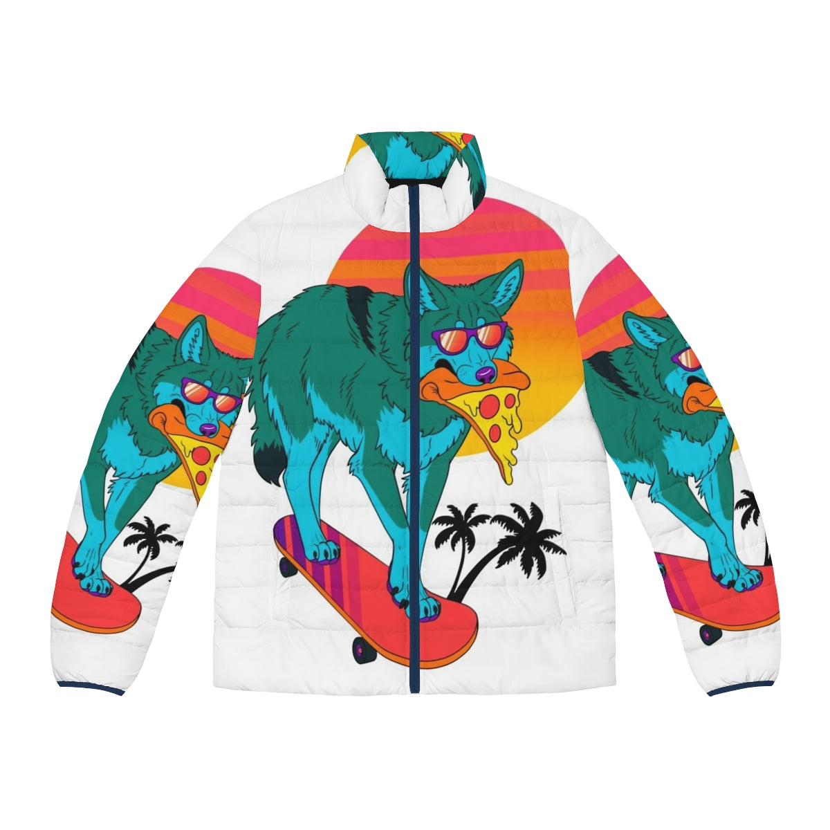 80s coyote puffer jacket with retro synthwave design