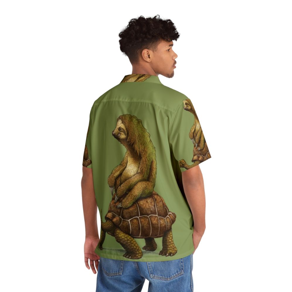 Relaxed Hawaiian shirt featuring a sloth riding a turtle in earth-tone colors - People Back