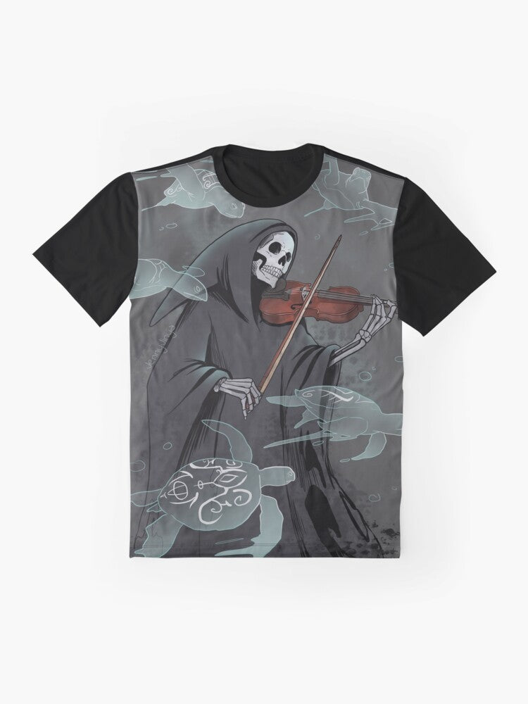 Grim reaper holding a violin with a dark, gothic symphony design - Flat lay