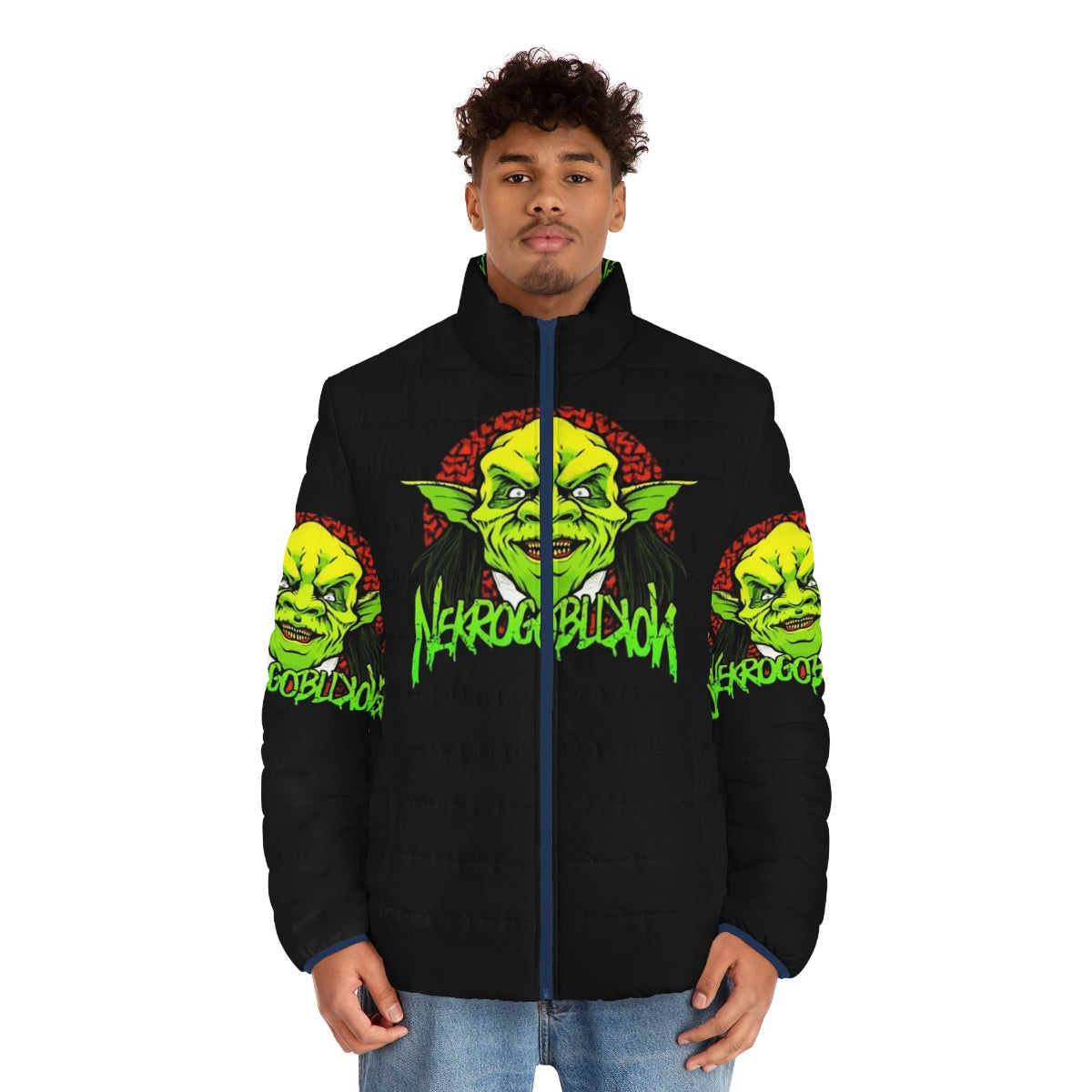 Nekrogoblikon heavy metal puffer jacket with band logo - men front