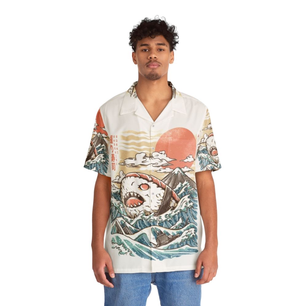 Sharkiri Sushi Hawaiian Shirt featuring a kawaii shark and sushi design - People Front