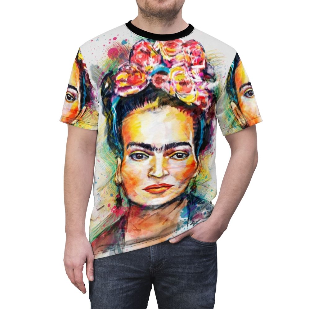 Colorful abstract portrait t-shirt design inspired by the iconic Mexican artist Frida Kahlo - men front