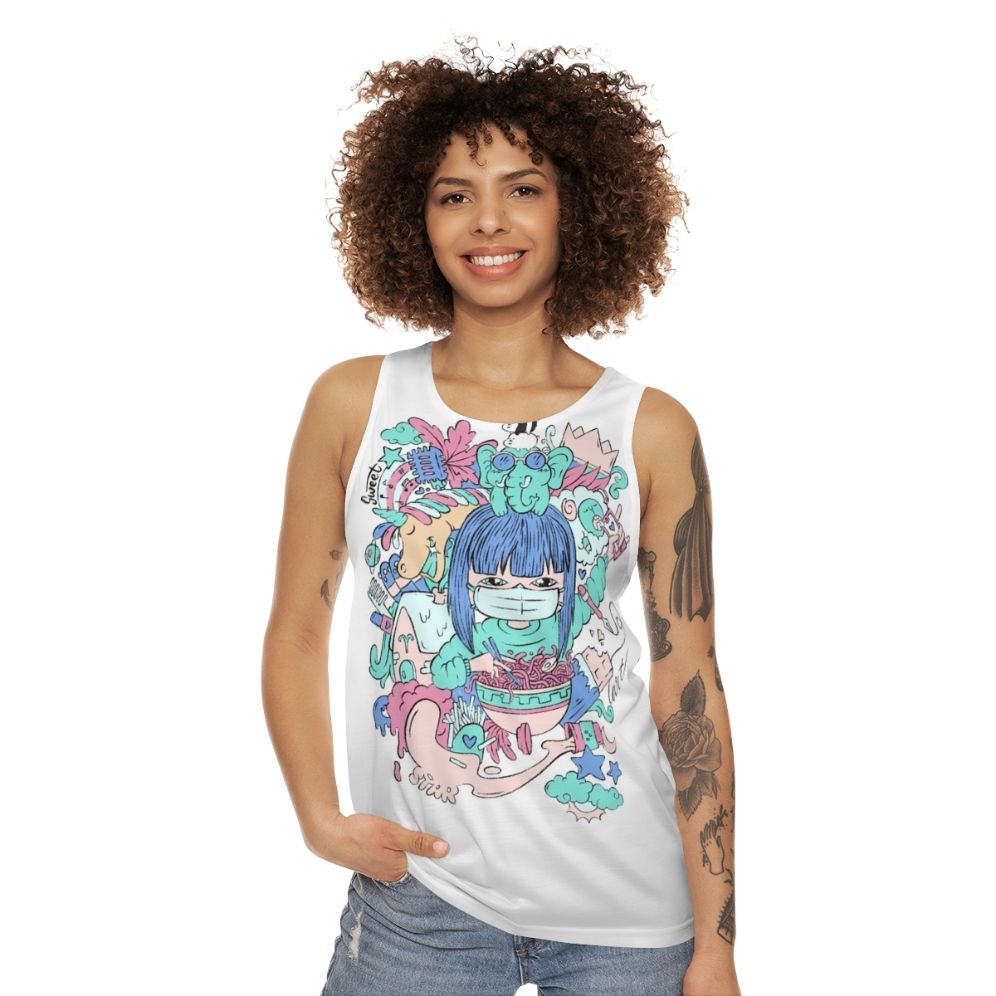 Unisex tank top featuring women's hobbies and cute animals like unicorns, bears, and elephants - women