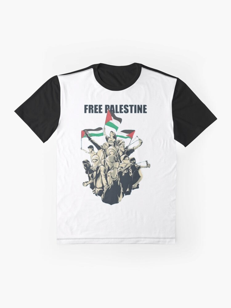 Graphic t-shirt design featuring the text "Free Palestine, Save Palestine: Palestinian Lives Matter" with the Palestinian flag. - Flat lay