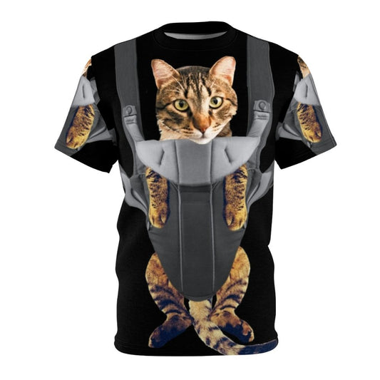 Mockup image of a t-shirt with a cute tabby cat sitting in a baby carrier