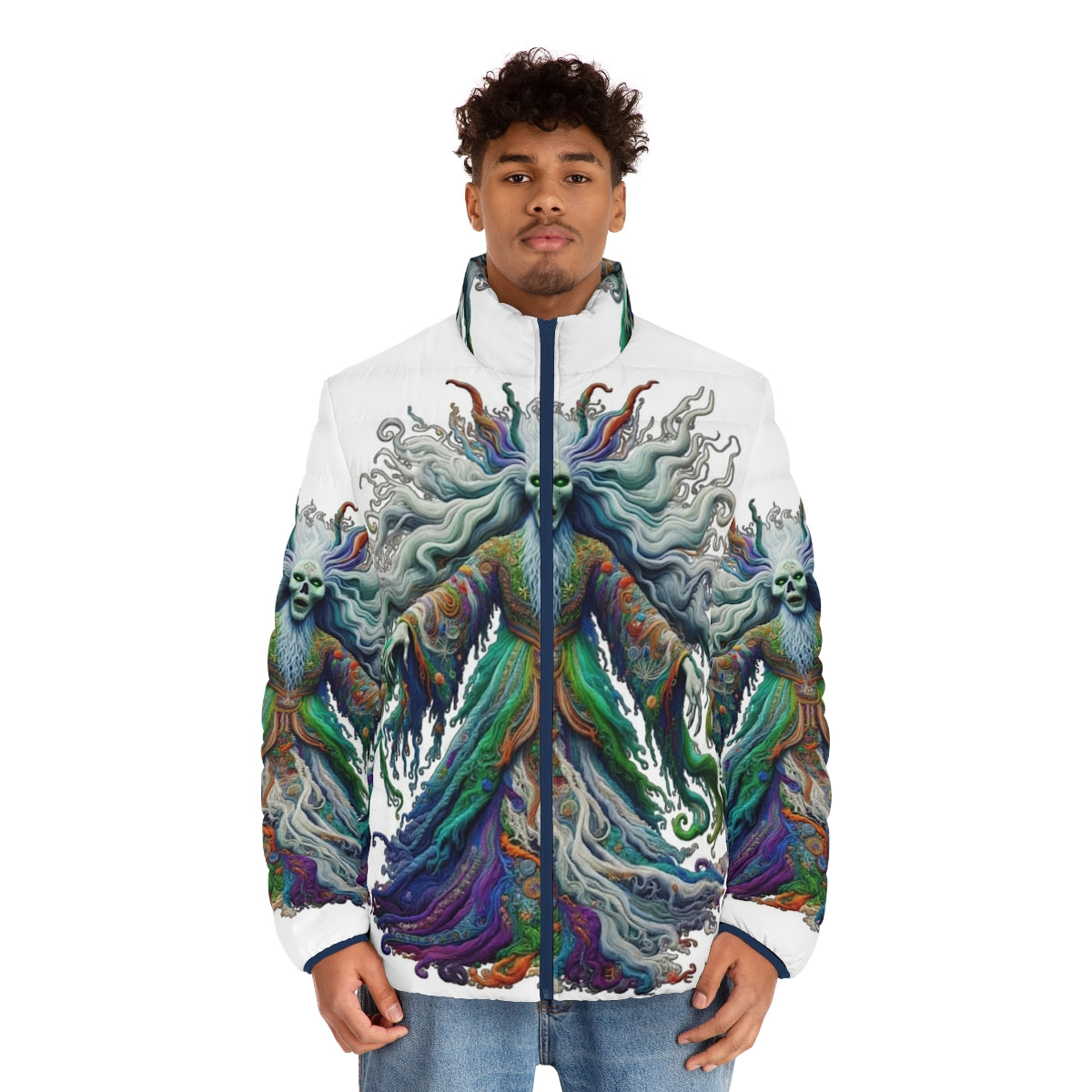 Colorfull puffer jacket with embroidered mythical banshee design - men front