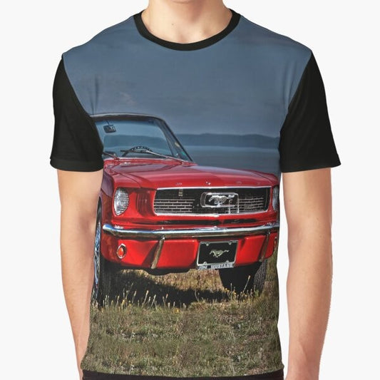 Classic Ford Mustang graphic printed on a red t-shirt