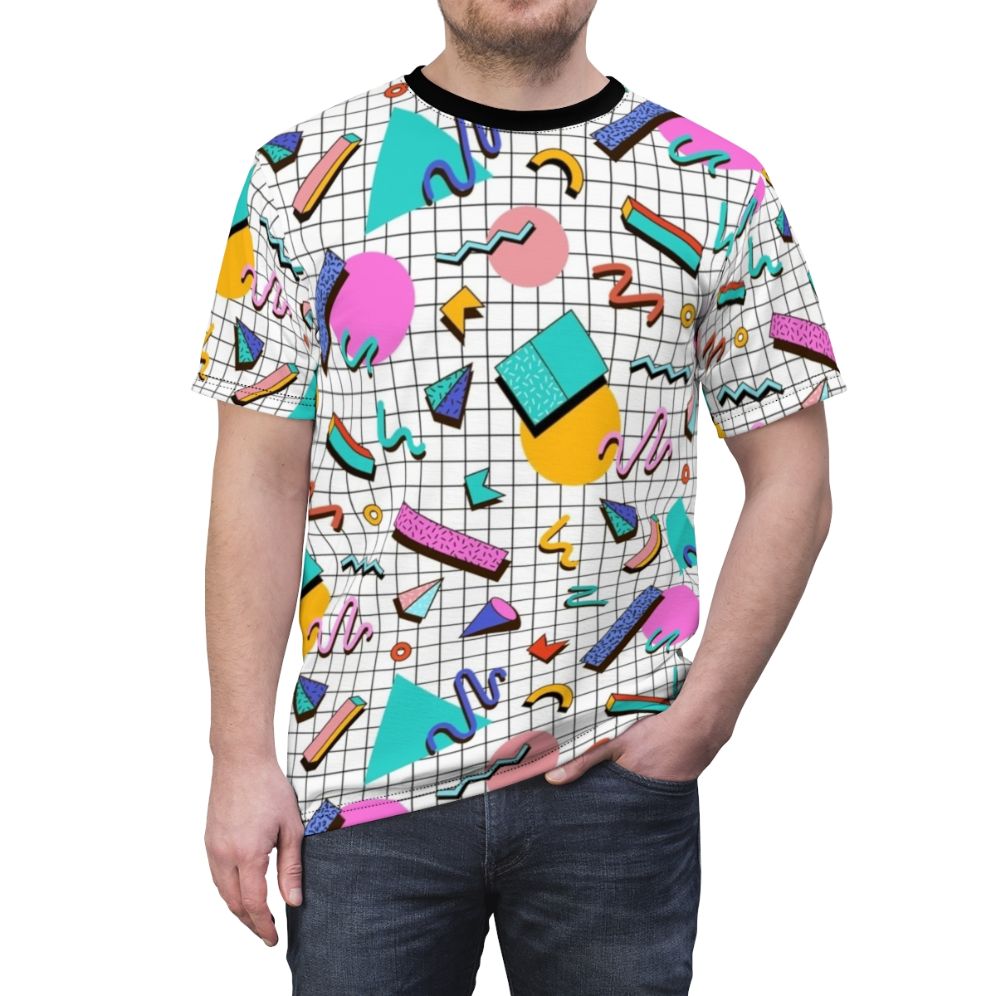 Colorful and vibrant 80s-inspired t-shirt featuring a funky, geometric pattern design. - men front