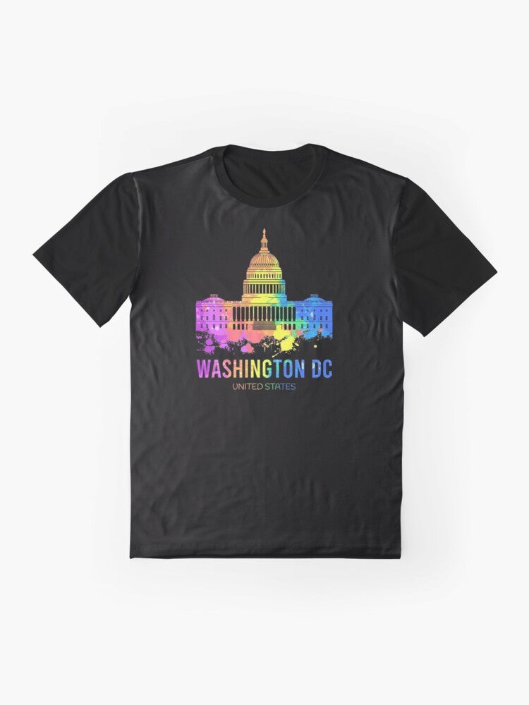 Watercolor painting of the Washington DC skyline, featuring the US Capitol building and other iconic landmarks, on a graphic t-shirt. - Flat lay