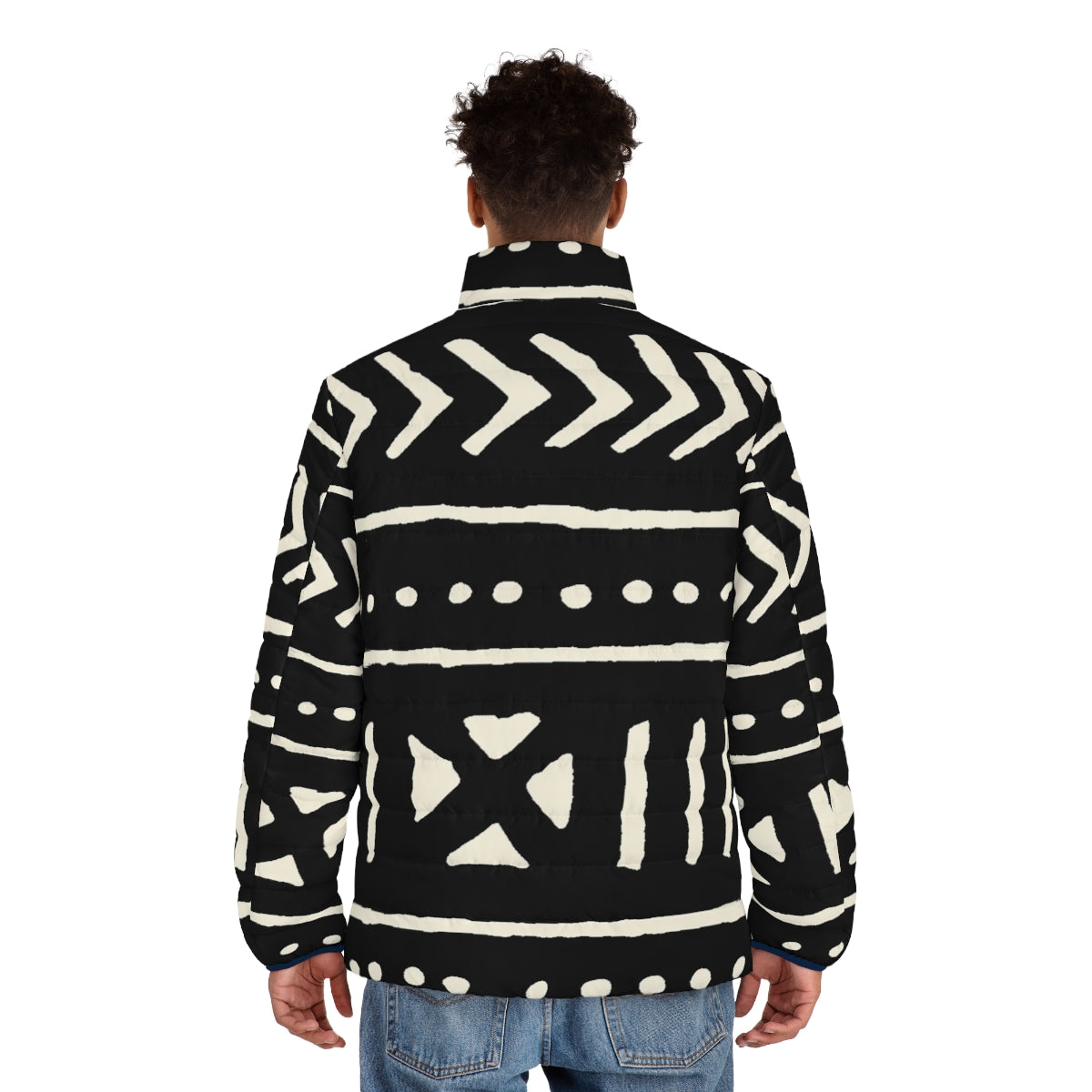 African Mud Cloth Black and White Puffer Jacket - men back