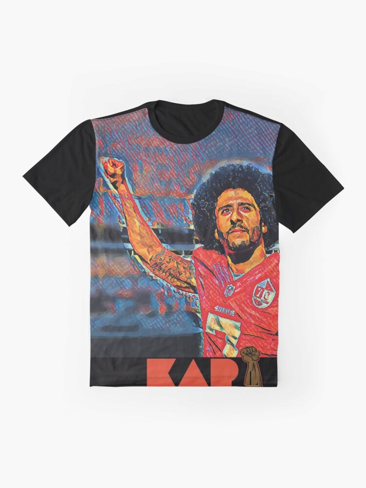 Graphic t-shirt with "Tha Liberator" design, featuring an illustration of Colin Kaepernick kneeling in protest. - Flat lay