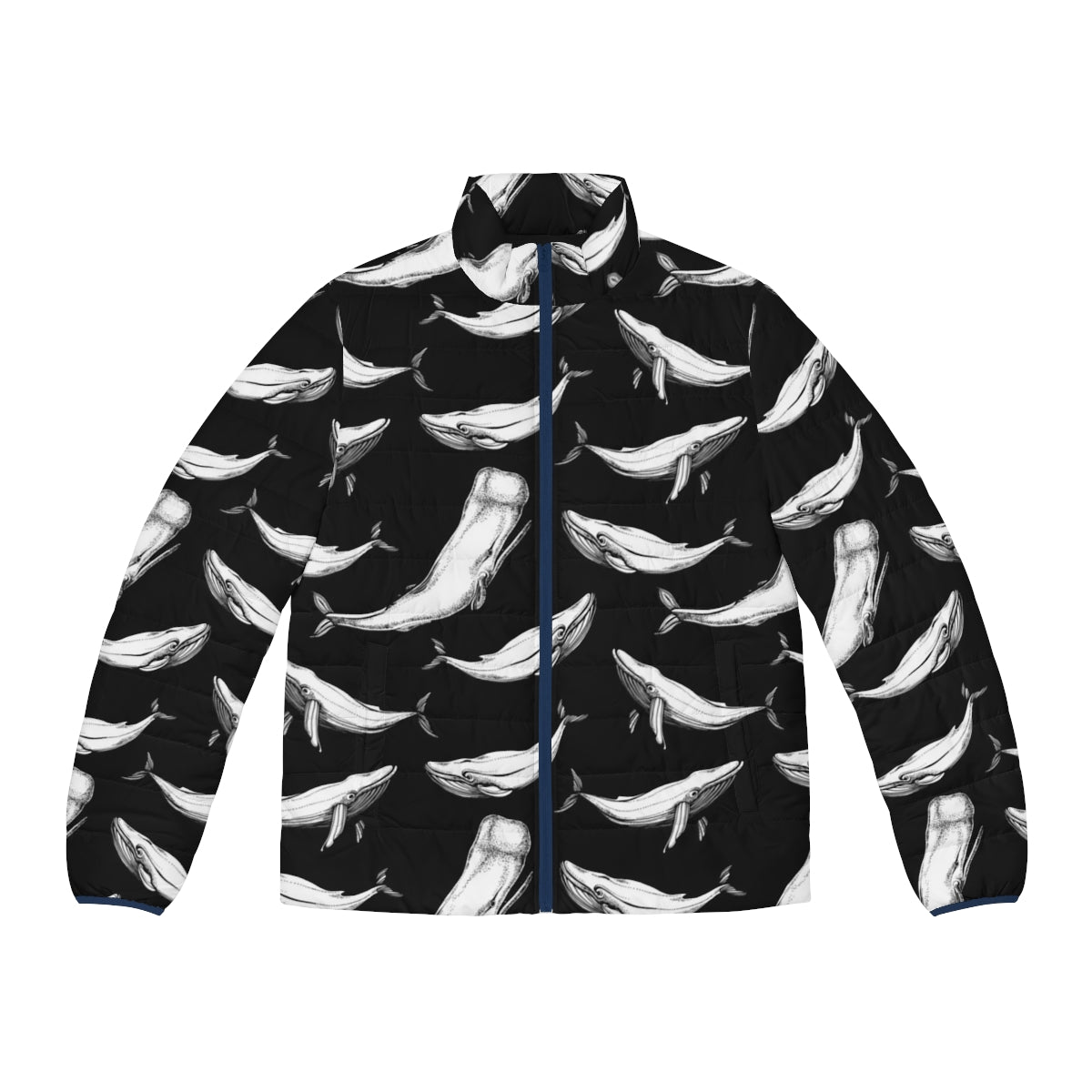 Black patterned puffer jacket with whales and whale graphics