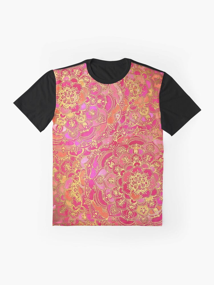 Hot pink and gold baroque floral pattern graphic t-shirt - Flat lay