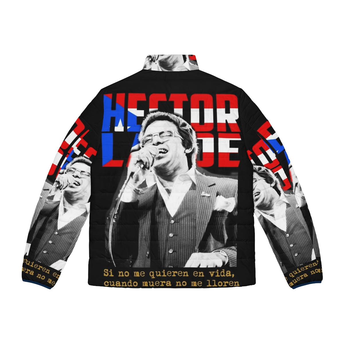 Hector Lavoe inspired salsa puffer jacket, featuring vibrant Latin music graphics - Back