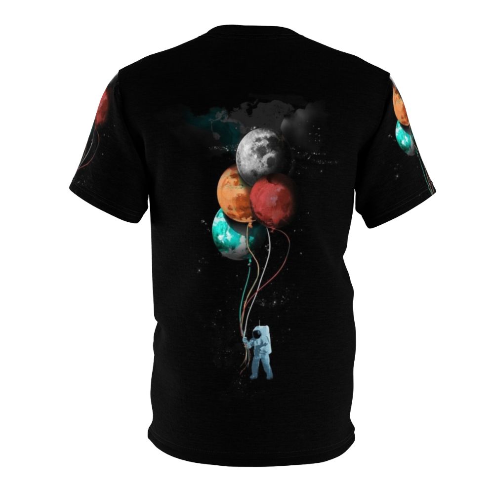 Cosmic Spaceman T-Shirt with a surreal, artsy space design featuring a spaceman, planets, and floating balloons - Back