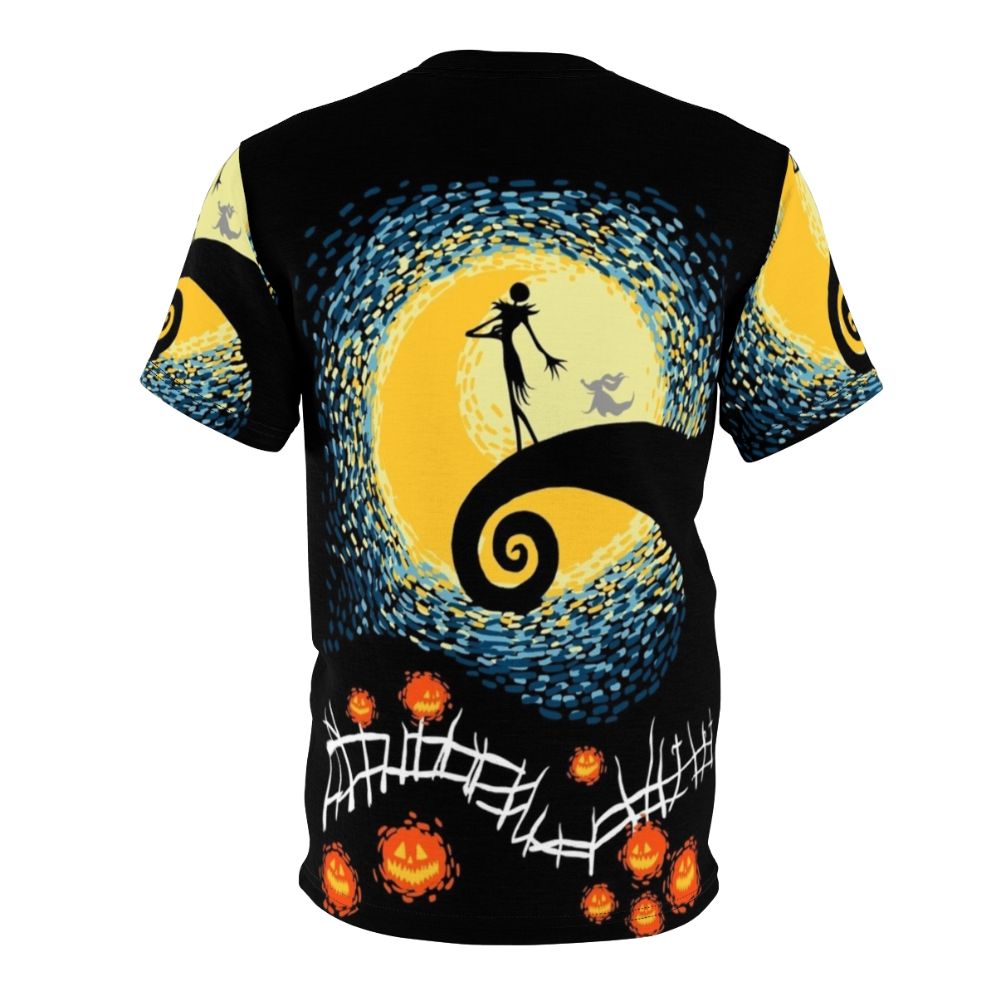 Starry Nightmare AOP T-Shirt featuring a surreal, dark fantasy design with Jack Skellington from The Nightmare Before Christmas - Back