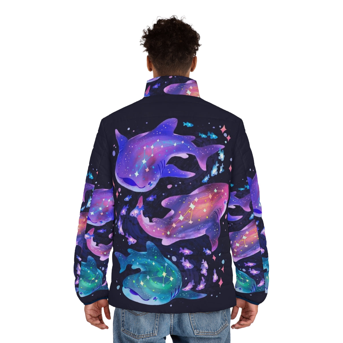 A vibrant puffer jacket featuring a cosmic whale shark design, perfect for outdoor adventures. - men back