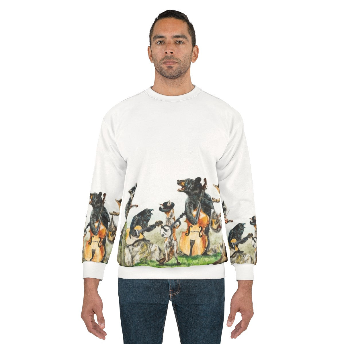 Bluegrass animal music sweatshirt featuring watercolor wildlife art - men