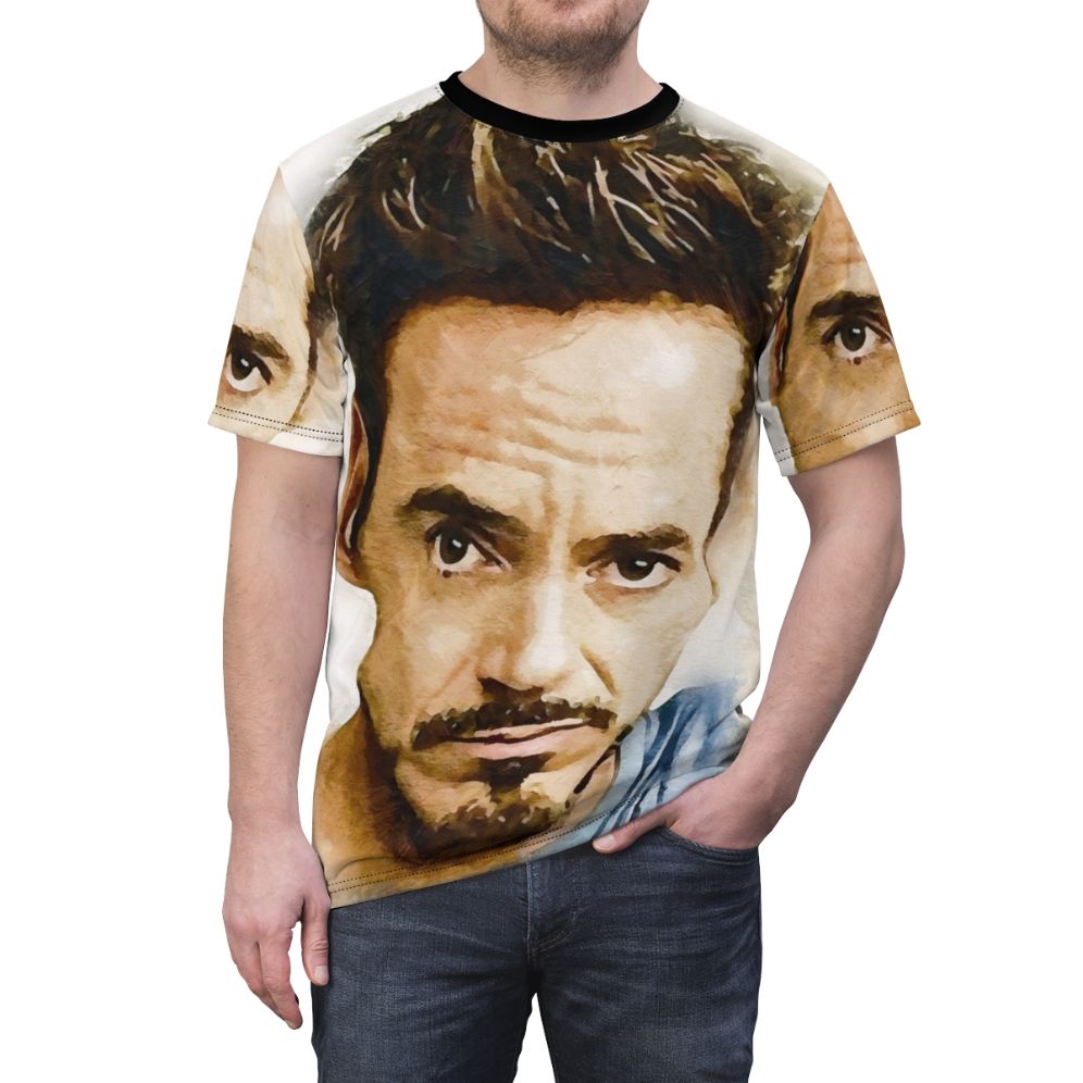 Tribute t-shirt design featuring Robert Downey Jr, the acclaimed actor known for his iconic movie roles. - men front