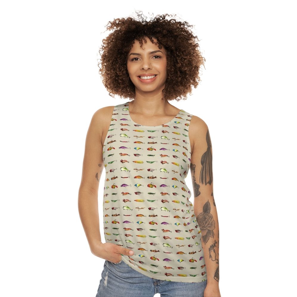 Watercolor fishing lures unisex tank top - women